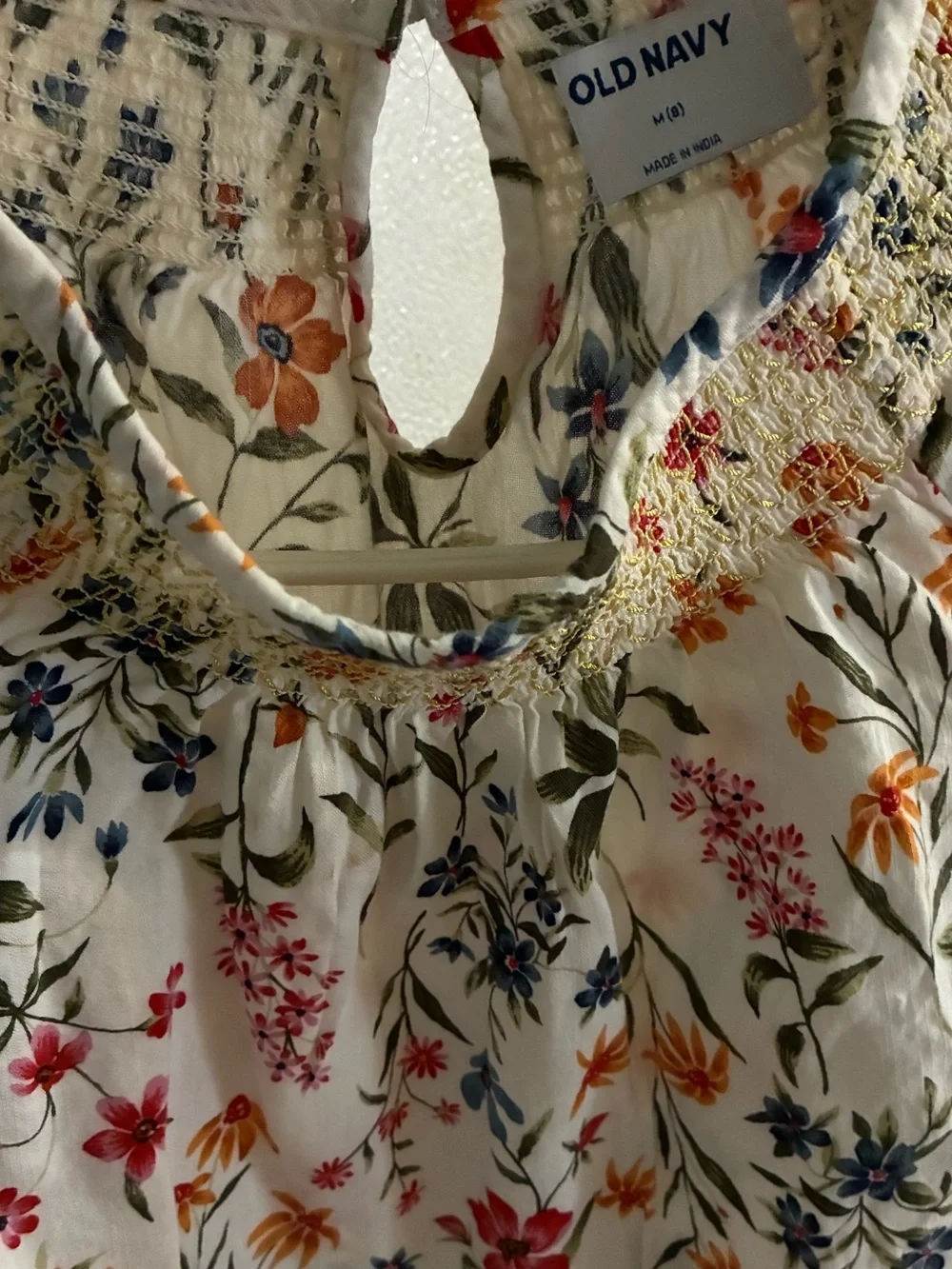 Old Navy White Floral Smocked Neck Blouse